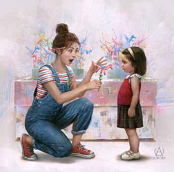 A new toy, blue, toy, little girl, art, alon chou, girl, copil, woman, pink, fantasy, red, mother, funny, child HD wallpaper