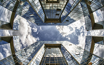mirrored skyscrapers, low angle, sky, skyscrapers, mirrors HD wallpaper