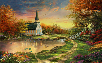 Chapel of Reflection, fall, trees, colors, sky, water, church, sunset, river, artwork, painting HD wallpaper