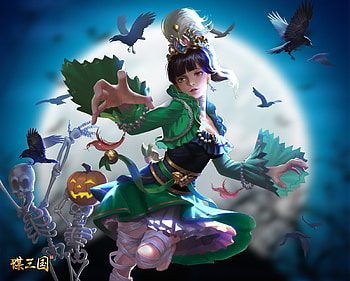 Fantasy girl, blue, frumusete, skeleton, skull, girl, hand, shaobing wang, halloween, moon, fantasy, green, pumpkin, game, luna, luminos HD wallpaper