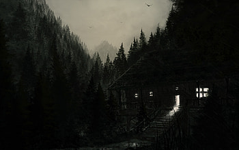 Dark spooky creepy cabin houses architecture buildings trees forest landscapes night lights artistic haunted halloween seasonal | ... HD wallpaper