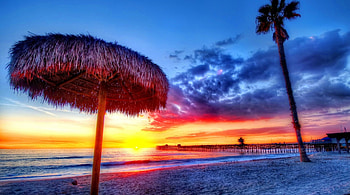 magnificent sunset in paradise r, sea, umbrella, palm, pier, r, sunset, beach HD wallpaper