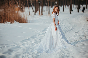 Bride, winter, white, model, snow, girl, dress, woman, iarna HD wallpaper
