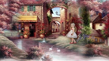village, river, ducks, grocery, trees, girl, houses HD wallpaper