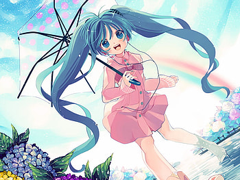 Hatsune Miku, umbrella, white, rain, purple, miku, pink, rainbow, hatsune, yellow, water HD wallpaper