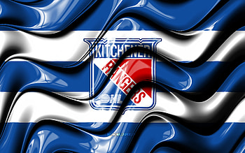 Kitchener Rangers flag, , blue and white 3D waves, OHL, canadian hockey team, Kitchener Rangers logo, hockey, Kitchener Rangers, Canada HD wallpaper