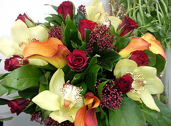 Flowers, Roses, Greens, Bouquet, Calla, Orchids, Callas, Offroming, Ofromulation HD wallpaper