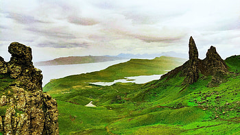 Old Man of Storr, Isle of Skye, Scotland, mist, hills, clouds, landscape, sky, rocks HD wallpaper