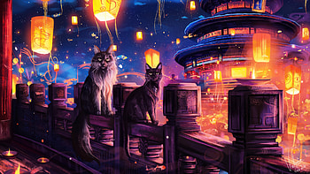 Mystical Cats Under The Stars, cats, dogs, artist, artwork, art, digital-art HD wallpaper