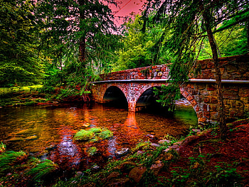 Bridge to nowhere, river, peaceful, beautiful, stones, lake, reflection, nowhere, red, bridge, trees, nature, sky, water, calm, pond HD wallpaper