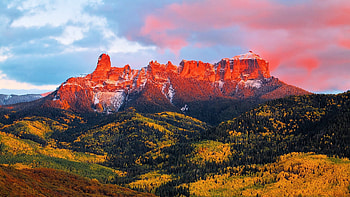 Mountain Sunset, fall, landscape, clouds, trees, sky, mountains HD wallpaper