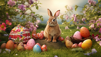 Easter Bunny with Colorful Eggs, Easter, bunny, easter bunny, rabbit, egg HD wallpaper