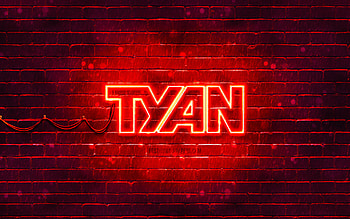 Tyan red logo, , red brickwall, Tyan logo, brands, Tyan neon logo, Tyan HD wallpaper