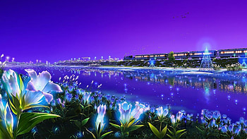 Beauty Valley, night, blue, wagon, train, stars, lake, purple, lights, nature, flowers, sky, water HD wallpaper