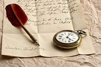 Clock, Fountain, Feather, Miscellanea, Miscellaneous, Paper, Ink, Pen, Letter HD wallpaper