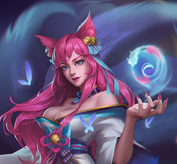 Ahri, blue, pink, fantasy, lol, girl, fox, haha z HD wallpaper