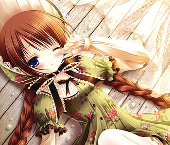 Blushing, cute, long hair, dress, beauty, nice, , laying, adorable, lay, female, sweet, girl, beautiful, kawaii, anime girl, lying, anime, pretty, wink, brown hair, blush, gown, lovely HD wallpaper