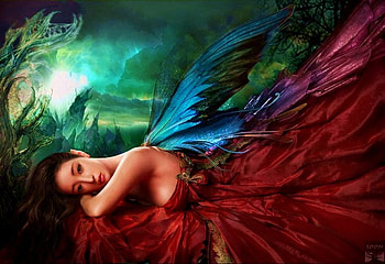 Red dress Angel, colorful, fantasy, red, angel, dress, forest HD wallpaper