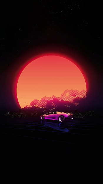 vapor synthwave, orange, moon, car, , , black, purple HD phone wallpaper