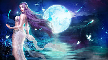 Fantasy girl, blue, frumusete, league of angels, girl, beauty, lunaria, purple, butterfly, moon, fantasy, game, luna, luminos HD wallpaper