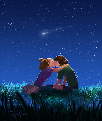 Art, Love, Couple, Pair, Starry Sky, Romance, Kiss HD phone wallpaper