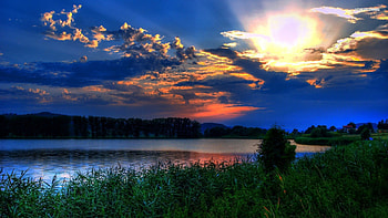 glorious sunrise on the lake, clouds, grass, lake, sunrise HD wallpaper