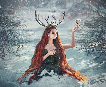 Forest Creature, winter, model, bird, horns, pasare, girl, chervona vorona, blue bird, woman, fantasy, blue tit, deer, iarna, redhead, creature, pitigoi HD wallpaper