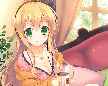 Hot Coffee, blouse, tea, cocoa, cute, long hair, dress, beauty, nice, coffee, adorable, female, sweet, girl, beautiful, cup, kawaii, anime girl, anime, pretty, brown hair, blushing, blush, lovely, green eyes HD wallpaper