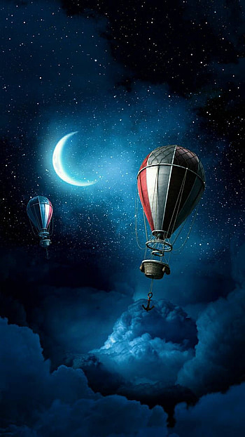 Fantasy Night, starry sky, cloud, moon, hot air balloon, sky, night, fantasy, artistic HD phone wallpaper
