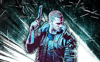 Character V, grunge art, Cyberpunk 2077, RPG, fan art, Cyberpunk 2077 characters, blue abstract rays, V Cyberpunk, Vincent Cyberpunk 2077 HD wallpaper