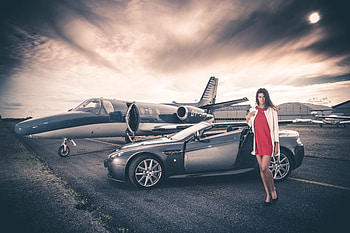 Aston Martin And Jet Model hoot, aston-martin, cars, girls, hoot HD wallpaper
