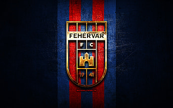 Fehervar FC, golden logo, OTP Bank Liga, blue metal background, football, hungarian football club, Fehervar FC logo, Hungary, MOL Fehervar HD wallpaper
