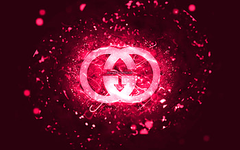 Gucci pink logo, , pink neon lights, creative, pink abstract background, Gucci logo, brands, Gucci HD wallpaper