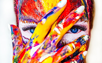 :), blue, colorful, red, yellow, eyes, face, girl, hand, green HD wallpaper