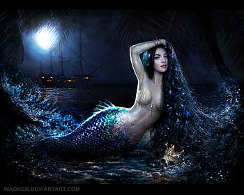 Mermaid and the king, girl, dark, superb, crown, summer, king, fantasy, luminos, vara, siren, night, blue, mermaid, wagner, moon, katrina wagner, frumusete, gorgeous, katrinawagnerart, luna HD wallpaper