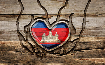 I love Cambodia, , wooden carving hands, Day of Cambodia, Cambodian flag, Flag of Cambodia, Take care Cambodia, creative, Cambodia flag, Cambodia flag in hand, wood carving, Asian countries, Cambodia HD wallpaper