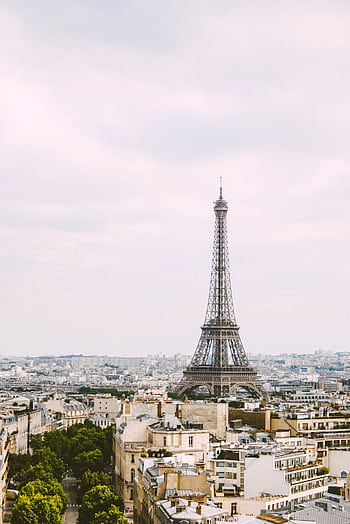 A stunning view of the Eiffel Tower amid Parisian architecture on a cloudy day. HD phone wallpaper