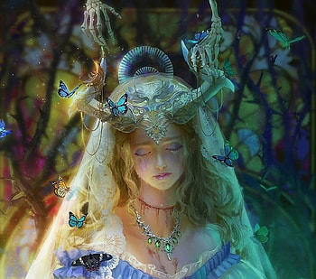 Succubus bride, blue, white, bones, horns, skeleton, girl, hand, halloween, butterfly, fantasy, luminos, bride HD wallpaper