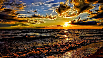 magnificent ocean sunrise r, sea, shore, waves, clouds, colors, r, sunrise HD wallpaper