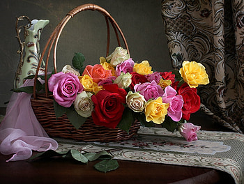 Basket of roses, Roses, Flowers, Bouquet, Colorful HD wallpaper