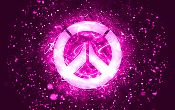 Overwatch purple logo, , purple neon lights, creative, purple abstract background, Overwatch logo, online games, Overwatch HD wallpaper