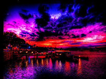 Night over the coast, night, coast, houses, beach, shore, darkness, reflection, cottages, water, ocean, sunset, sea, sundown, purple, bridge, clouds, nature, sky HD wallpaper
