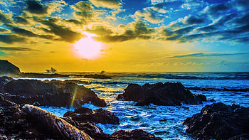 Rocky Coastline Sunset near Florence, Oregon, sky, sun, usa, sea, colors, rocks HD wallpaper