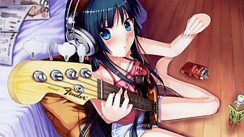 Akiyama Mio, juice, blue shorts, heads, guitar, cute, long hair, k on, instrument, female, blue eyes, bed, pocky, girl, black hair, fender, pretty, pink shirt HD wallpaper