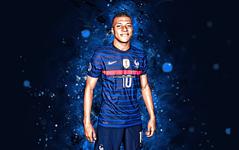 Kylian Mbappe, , 2022, FFF, France National Team, fan art, soccer, footballers, blue neon lights, French football team, Kylian Mbappe FFF, Kylian Mbappe HD wallpaper