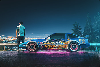 Blue Customized Car Alongside With Man, cars, behance HD wallpaper