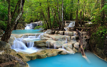 tropical waterfalls, lakes, tropical, waterfalls, forests, nature HD wallpaper