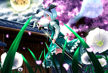 Touhou, night, black, cute, dress, beauty, lady, moon, petals, short hair, female, sweet, white, art, sword, ribbon, girl, aqua, grass, tree, woman, purple, anime, green, clouds, sky, flowers, souls, lovely HD wallpaper