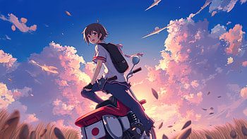 Anime Boy With Motorcycle, anime-boy, boy, bike, clouds, sunset, artist, artwork, art, digital-art, ai, deviantart HD wallpaper
