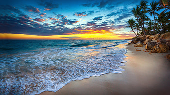 Seychelles Sunset, palm trees, beach, sea, colors, clouds, sky, sun HD wallpaper